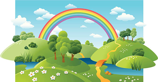 landscape with a rainbow Landscape with a rainbow, river and flowerings camomiles scenics nature illustrations stock illustrations