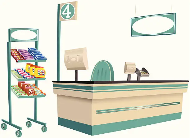 Vector illustration of Foodstore checkout and product stand