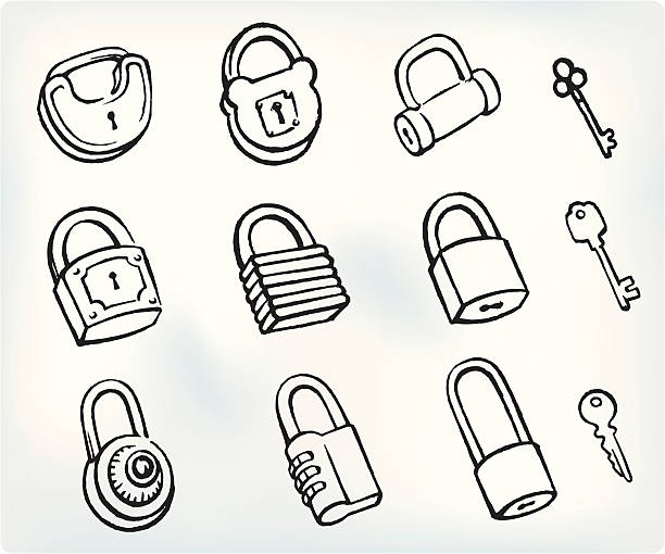 skizzenhafte vorhängeschloss set - combination lock illustrations stock-grafiken, -clipart, -cartoons und -symbole