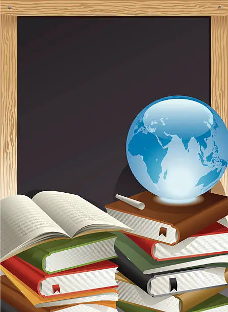 Vector illustration of Education Theme, Books, Globe, Chalk and Blackboard Vector