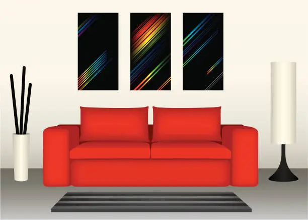 Vector illustration of Computer graphic of a modern lounge and red couch