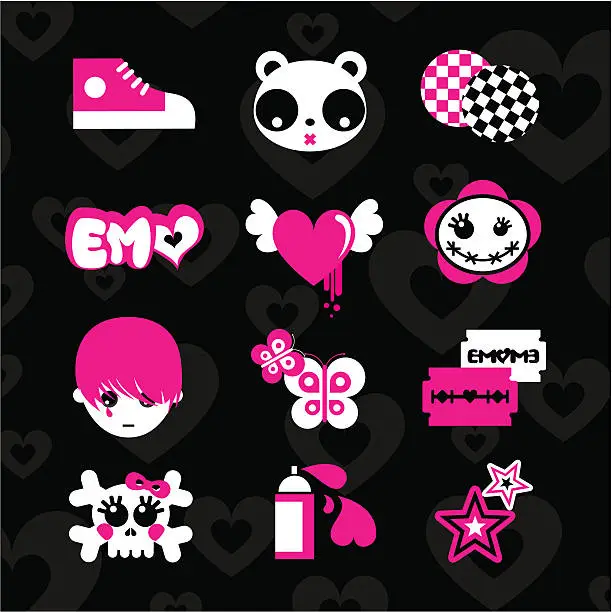 Vector illustration of Emoicons love emo pink black set teens vector sticker