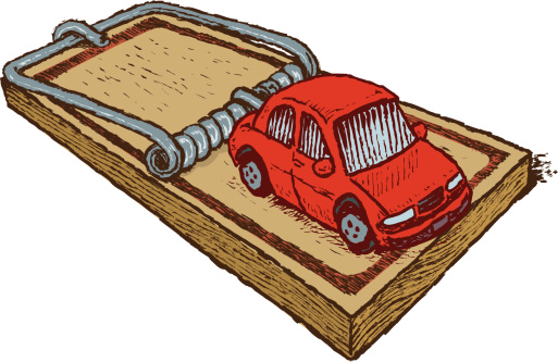 Car Loan. Old-fashion pen and ink vector illustration of a car on a Car Loan Automobile Trap. Compound paths. Easy color edits. Scale to any size. Check out my 