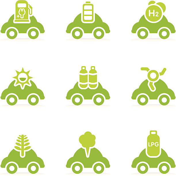 illustrazioni stock, clip art, cartoni animati e icone di tendenza di icone auto a combustibile alternativo - gasoline electricity biofuel car