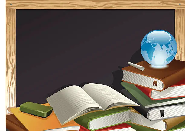 Vector illustration of Education Theme, Books, Globe, Chalk and Blackboard Vector