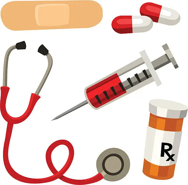 Vector illustration of Medical Design Elements: Pills, Stethoscope, Syringe, Prescription, Bandage