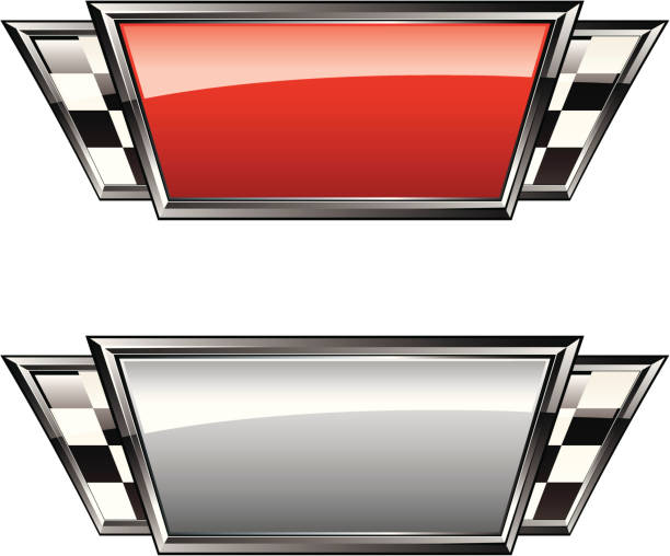 Racing Plaques Vector illustration of glossy angled racing plaques with checkered flag detailing. metallic red chrome pattern stock illustrations