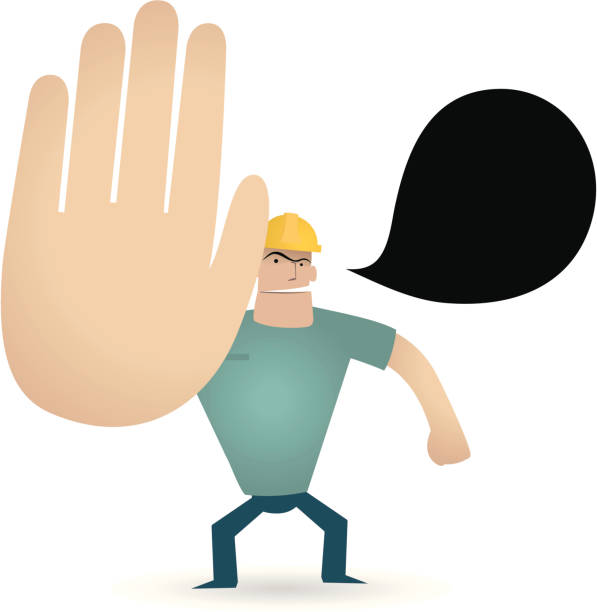 Gesturing(Hand Sign): Foreman showing stop( No Enter! Hold On! Deadend! ) Vector illustration – Do Not Enter! hardhat roadblock boundary barricade stock illustrations