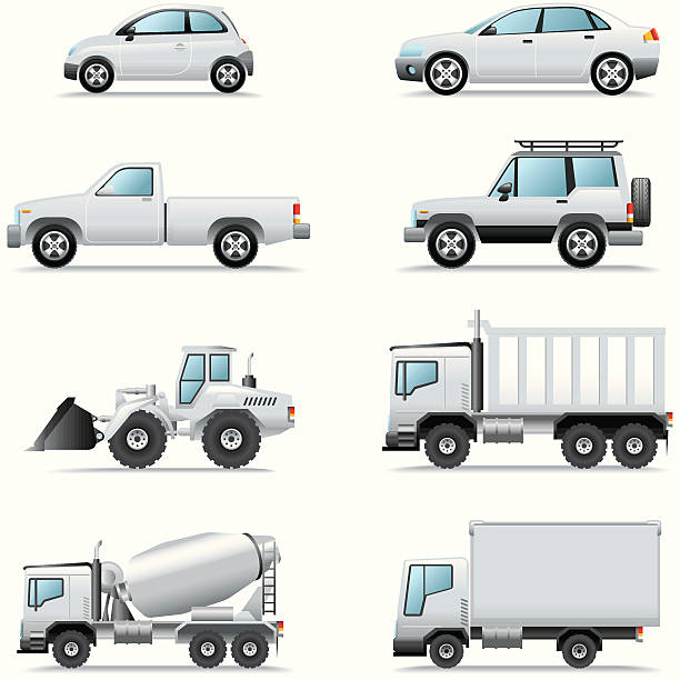 illustrazioni stock, clip art, cartoni animati e icone di tendenza di set di icone automobili e camion - car sedan vector land vehicle