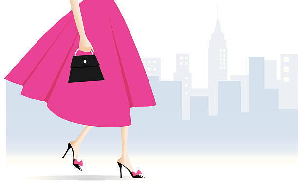 Woman Walking A woman walking, purse in hand, against a cityscape. 60s style dresses stock illustrations