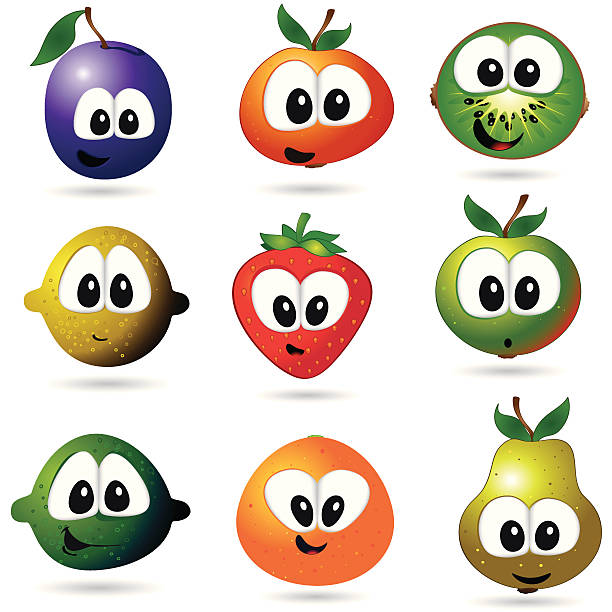 ilustrações, clipart, desenhos animados e ícones de engraçado frutas - isolated on white fun orange food