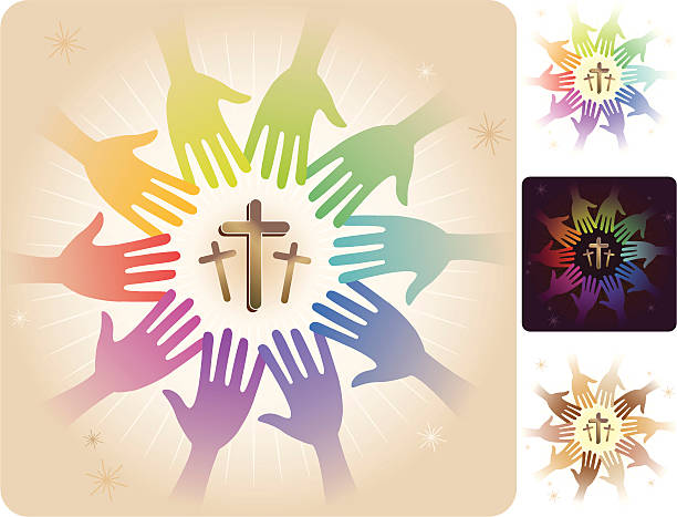 ilustraciones, imágenes clip art, dibujos animados e iconos de stock de círculo de manos de las tres cruces - family cross shape christianity praying