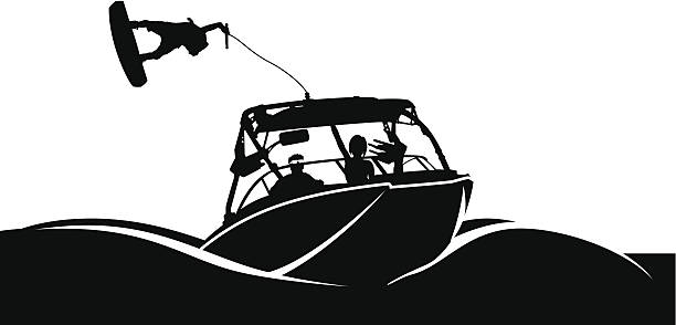 illustrazioni stock, clip art, cartoni animati e icone di tendenza di la barca - wakeboarding nautical vessel silhouette speedboat