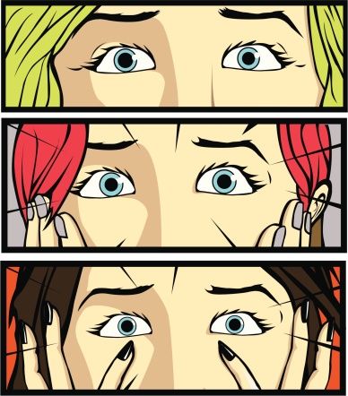 Comic style illustration of shocked women, zoomed to the eyes.