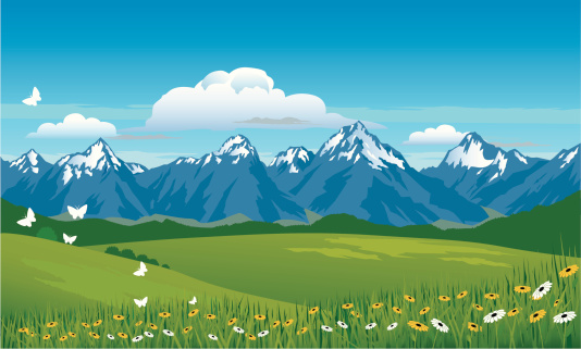 Snow capped mountains,meadow and flowers with a background of blue sky and clouds. Art on easily edited grouped layers.
