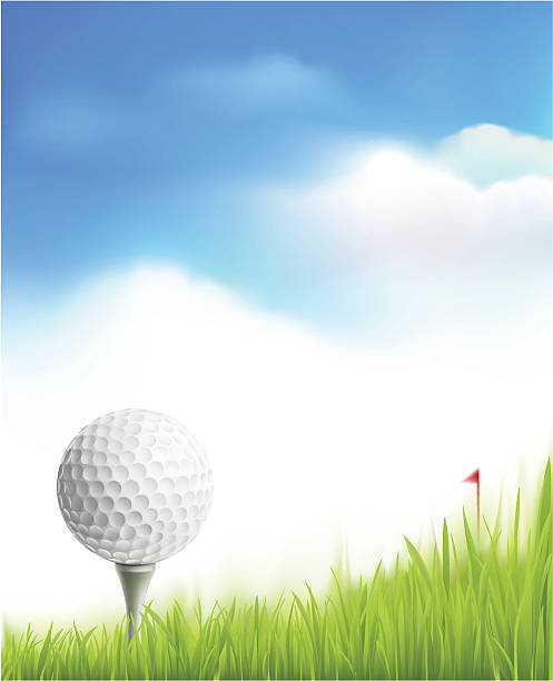 Illustration of golf ball upon a tee in front of a flag vector art illustration