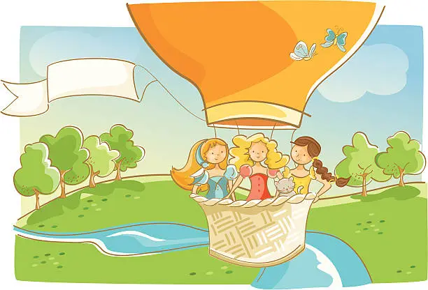 Vector illustration of Three Girls in Hot Air Balloon Flying Banner