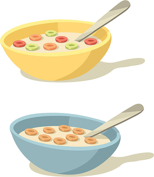 ilustraciones, imágenes clip art, dibujos animados e iconos de stock de colorido cereales y tazones para el desayuno - bowl