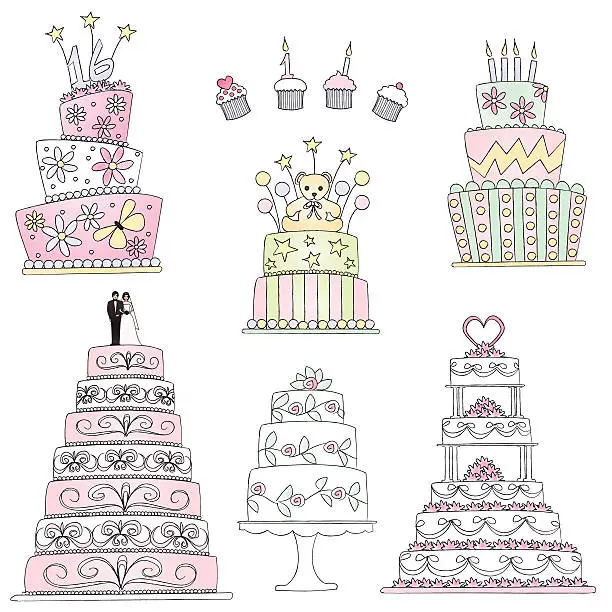 Vector illustration of Celebration cakes in sketch style.