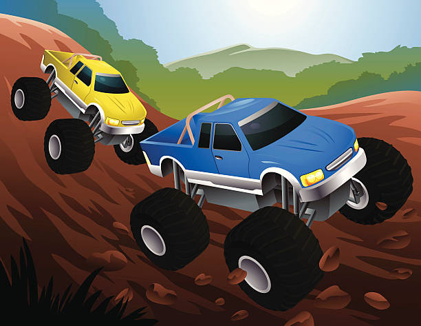 Two Cartoon Monster Trucks Racing on Dirt Track vector art illustration