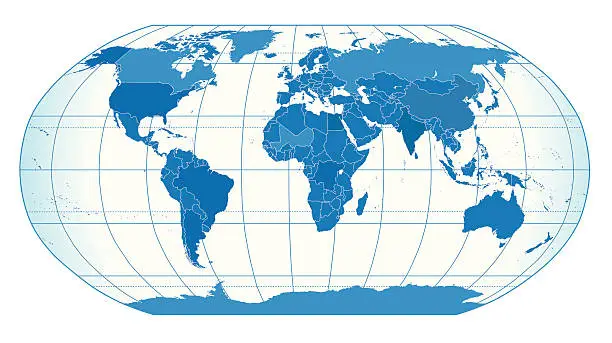 Vector illustration of Blue world map showing countries