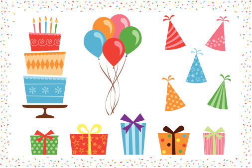 A set of colorful birthday party objects, including birthday cake, bunch of balloons, party hats, presents, and confetti border.