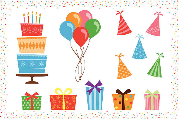 Birthday Party Icon Elements A set of colorful birthday party objects, including birthday cake, bunch of balloons, party hats, presents, and confetti border. balloon drawings stock illustrations
