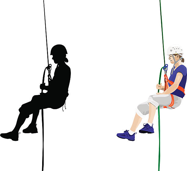 Descending on rope Descending on the rope, both silhouette and color vector image rope climbing stock illustrations