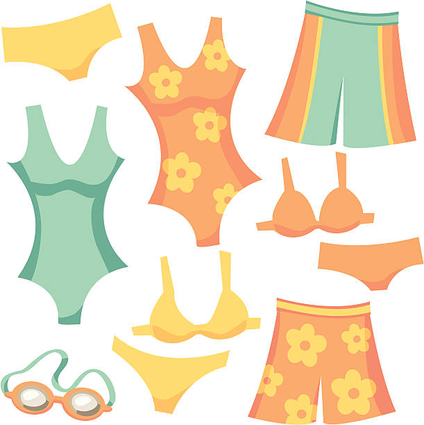 Retro Cartoon Swimwear: Shorts, Tank, Bikini, and Goggles Summer clothing for swimming: goggles, one-piece tank suits, board shorts, and bikinis in turquoise, orange, and yellow! cartoon of a swimming goggles stock illustrations