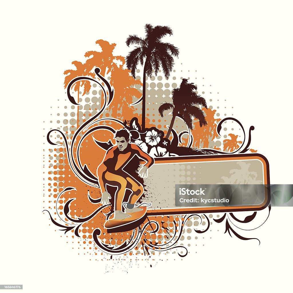 Surfing label Surfing label with palm trees surfer, victorian scrolls and space for copy. Adult stock vector