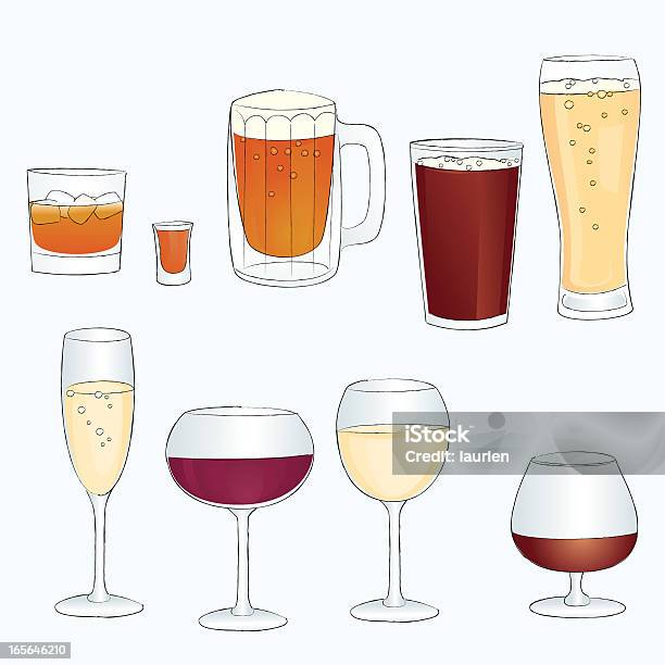 Croquis Ligne Style Alcoolisées Dans Verres De Bar Vecteurs libres de droits et plus d'images vectorielles de Bière - Bière, Aquarelle, Verre à vodka