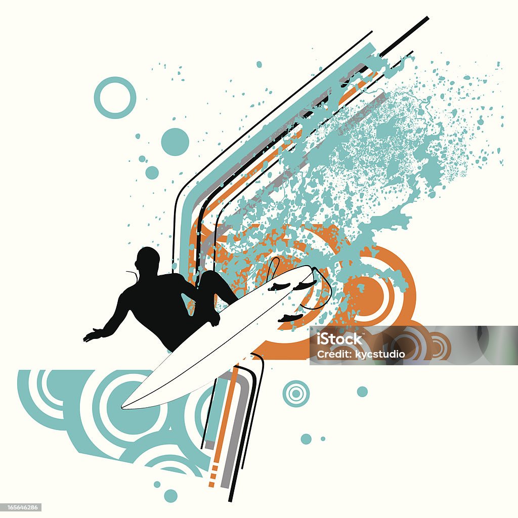 surfer in aerial Surfer in aerial with water splash over retro graphic elements Adventure stock vector