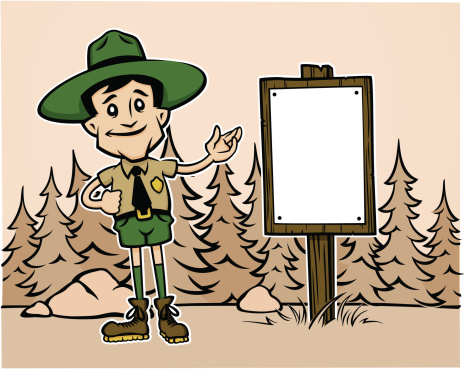 Retro forest ranger cartoon with a sepia background.