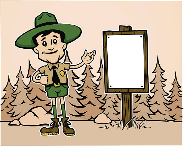 Forest Ranger Cartoon Sepia Retro forest ranger cartoon with a sepia background. park ranger stock illustrations