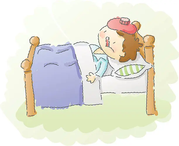 Vector illustration of scribbles: boy in bed sick