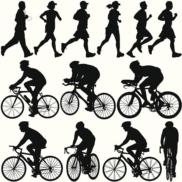 Mixed Fitness Silhouette Set ZOOM IN to check out the detail. This Silhouette set of Joggers and Cyclists is perfect for a variety of different design projects. This file has been layered and grouped for easy editing. This file includes a large JPG file, an ai V10 file, and an eps file. female mountain biker silhouette stock illustrations