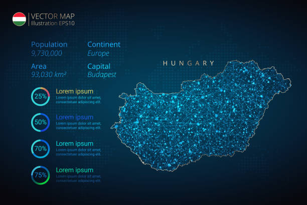 szablon wektorowy infografiki mapy węgier z abstrakcyjną geometryczną siatką wielokątną koncepcją światła na niebieskim tle. szablon diagramu, wykresu, prezentacji i wykresu - hungary hungarian culture hungarian flag flag stock illustrations