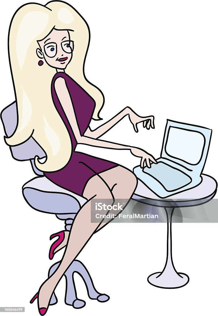 Laptop Woman Working businesswoman, sysadmin or IT  staff types on her laptop computer. Cartoon vector EPS file on transparent background, includes high resolution jpeg. Adult stock vector