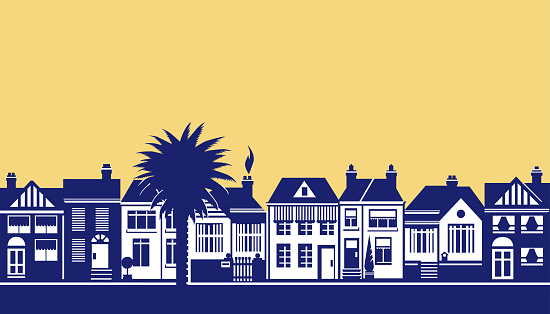 Row of quaint old-fashioned houses in stylised silhouette along a street, date palm tree in foreground. Each house on its own editable layer, can be extended if needed. Download includes an AI8 EPS vector file and a high resolution JPEG file (min. 1900 x 2800 pixels).
