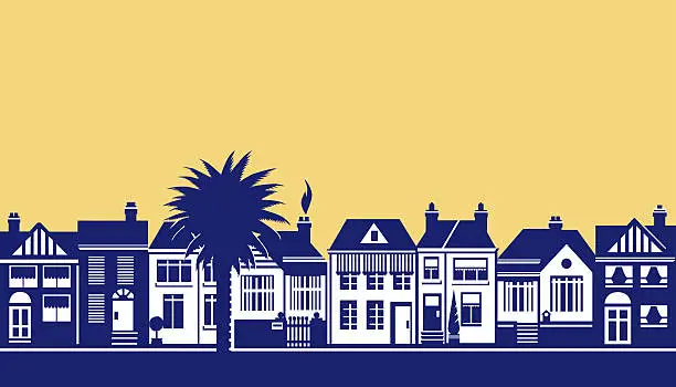 Vector illustration of A drawing of a street scene in blue on soft yellow