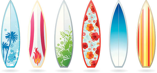 Surfboards Illustration of the 6 fancy surfboards with different designs. surfboard stock illustrations