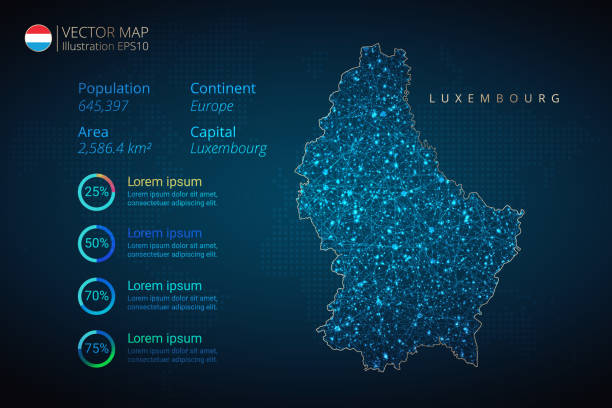 ilustraciones, imágenes clip art, dibujos animados e iconos de stock de plantilla vectorial de infografía del mapa de luxemburgo con concepto de luz poligonal de malla geométrica abstracta sobre fondo azul. plantilla para diagrama, gráfico, presentación y tabla - luxembourg map cartography flag