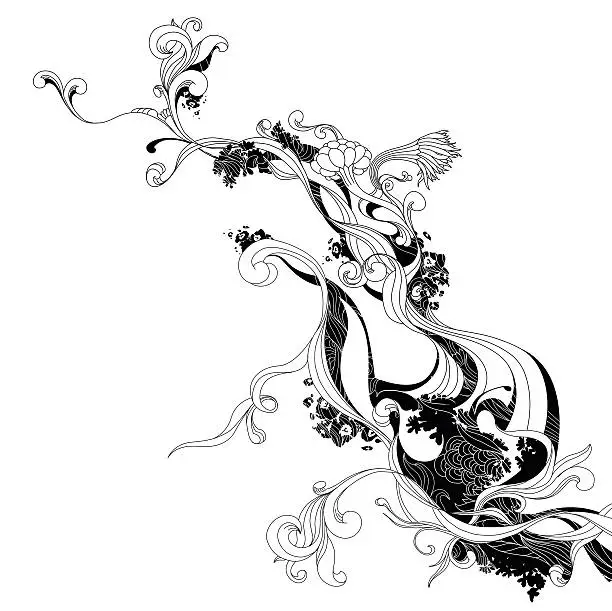 Vector illustration of Black and white ink doodles of waves and flowers