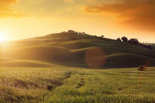 The hills of Val d'Orcia (Tuscany, Italy) at sunset.
