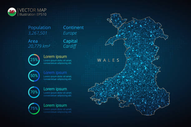 ilustrações de stock, clip art, desenhos animados e ícones de wales map infographics vector template with abstract geometric mesh polygonal light concept on blue background. template for diagram, graph, presentation and chart - wales cardiff map welsh flag