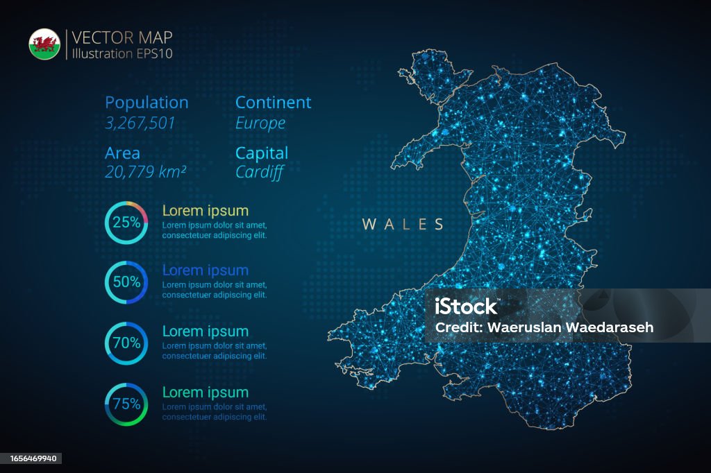 Distance Chart Welsh Wales Map Infographics Vector Template With Abstract Geometric Mesh ...