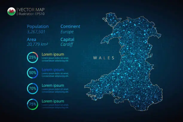 Vector illustration of Wales Map infographics vector template with abstract geometric mesh polygonal light concept on blue background. Template for diagram, graph, presentation and chart