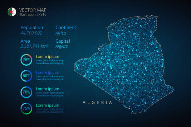 algeria map infographics vector template with abstract geometric mesh polygonal light concept on blue background. template for diagram, graph, presentation and chart - 阿爾及利亞 幅插畫檔、美工圖案、卡通及圖標
