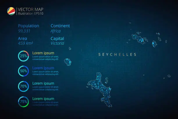 Vector illustration of Seychelles Map infographics vector template with abstract geometric mesh polygonal light concept on blue background. Template for diagram, graph, presentation and chart