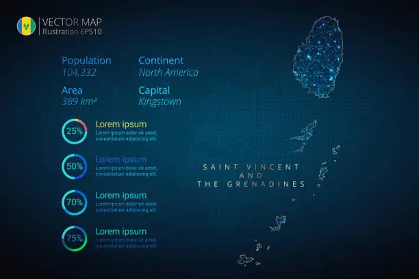 Vector illustration of Saint Vincent and the Grenadines Map infographics vector template with abstract geometric mesh polygonal light concept on blue background. Template for diagram, graph, presentation and chart